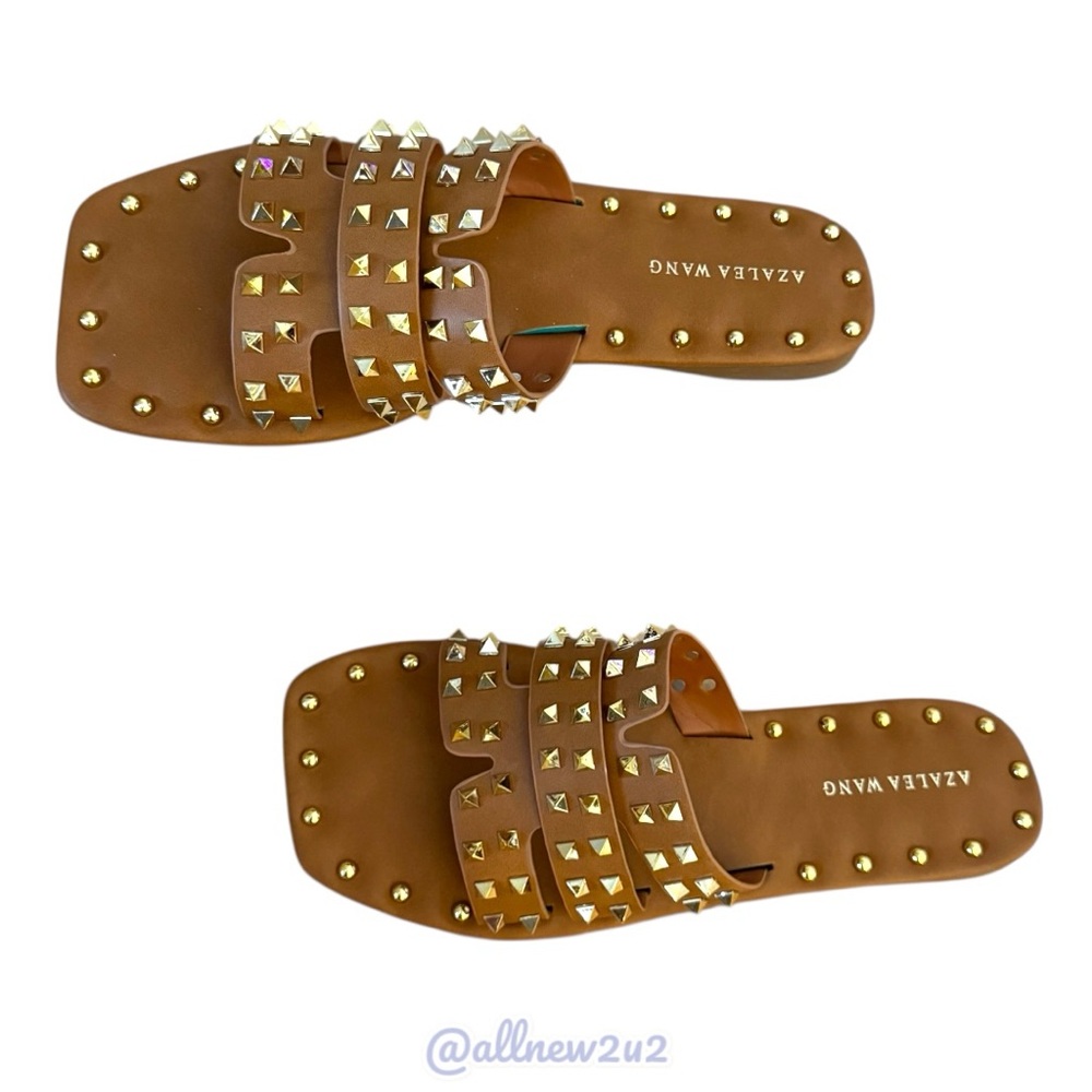 Azalea Wang Archer Gold Studded Sandals in Tan Size 7 - Picture 9 of 17